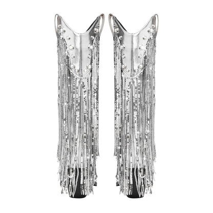 Silver Fringe Cowboy Knee High Boots-4