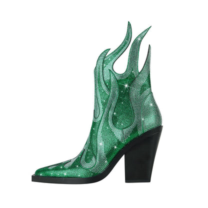 Sparkling Rhinestone Flame Pointed Toe Boots-0