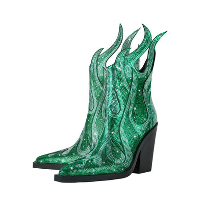 Sparkling Rhinestone Flame Pointed Toe Boots-2