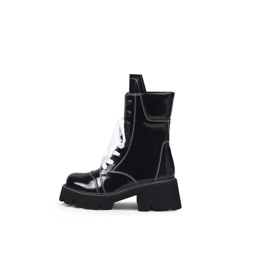 Stitched White Lace Up Black Combat Boots-0
