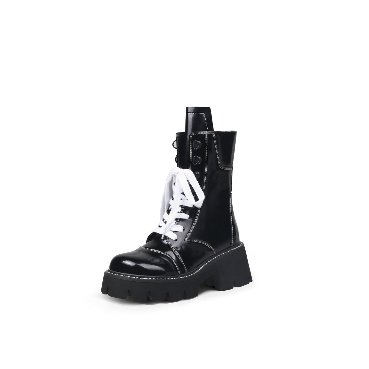 Stitched White Lace Up Black Combat Boots-1