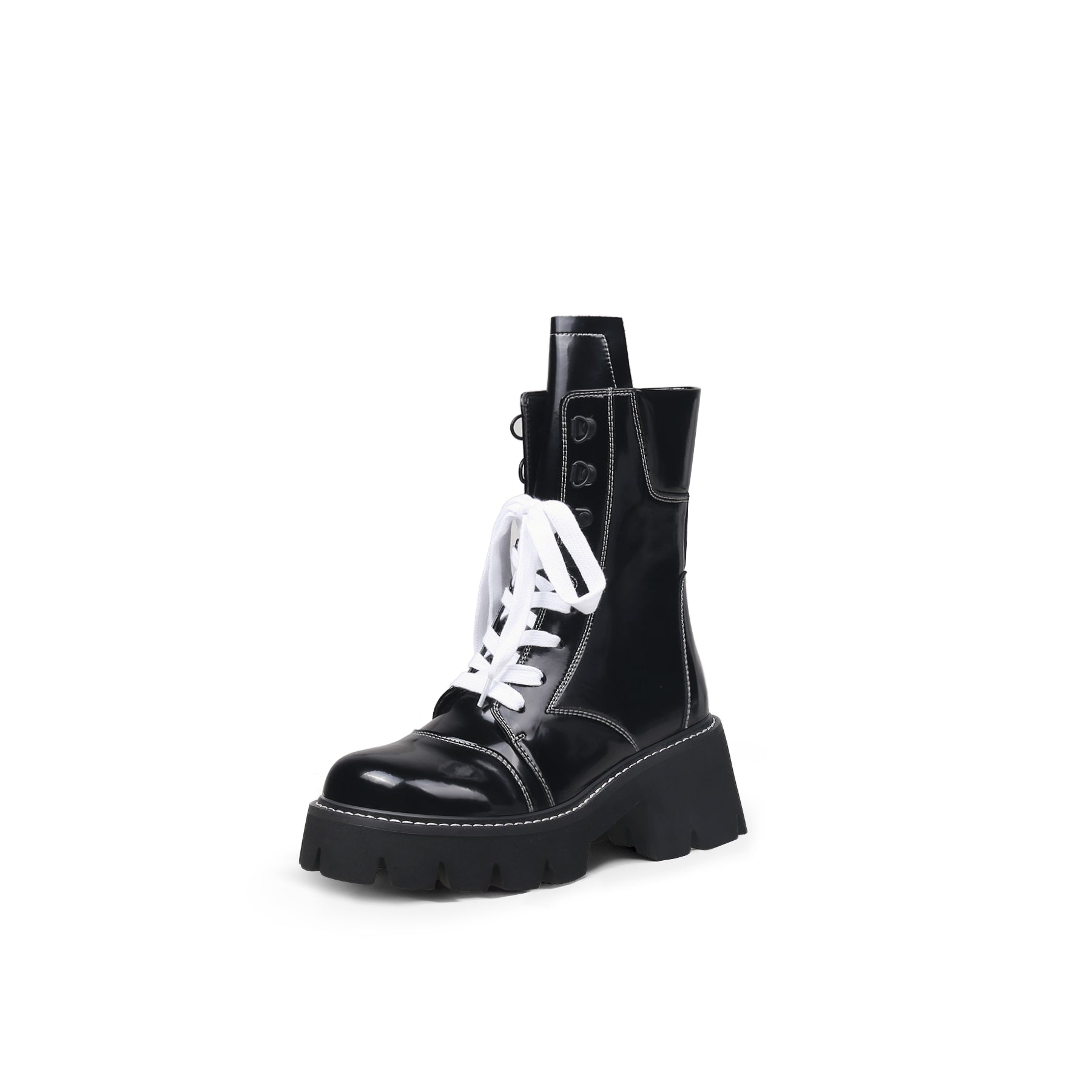 Stitched White Lace Up Black Combat Boots-1