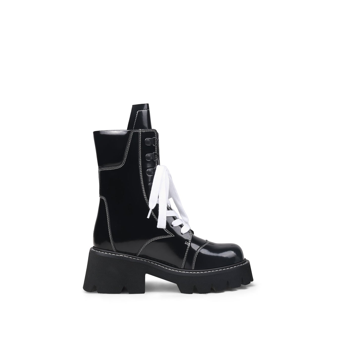 Stitched White Lace Up Black Combat Boots-2