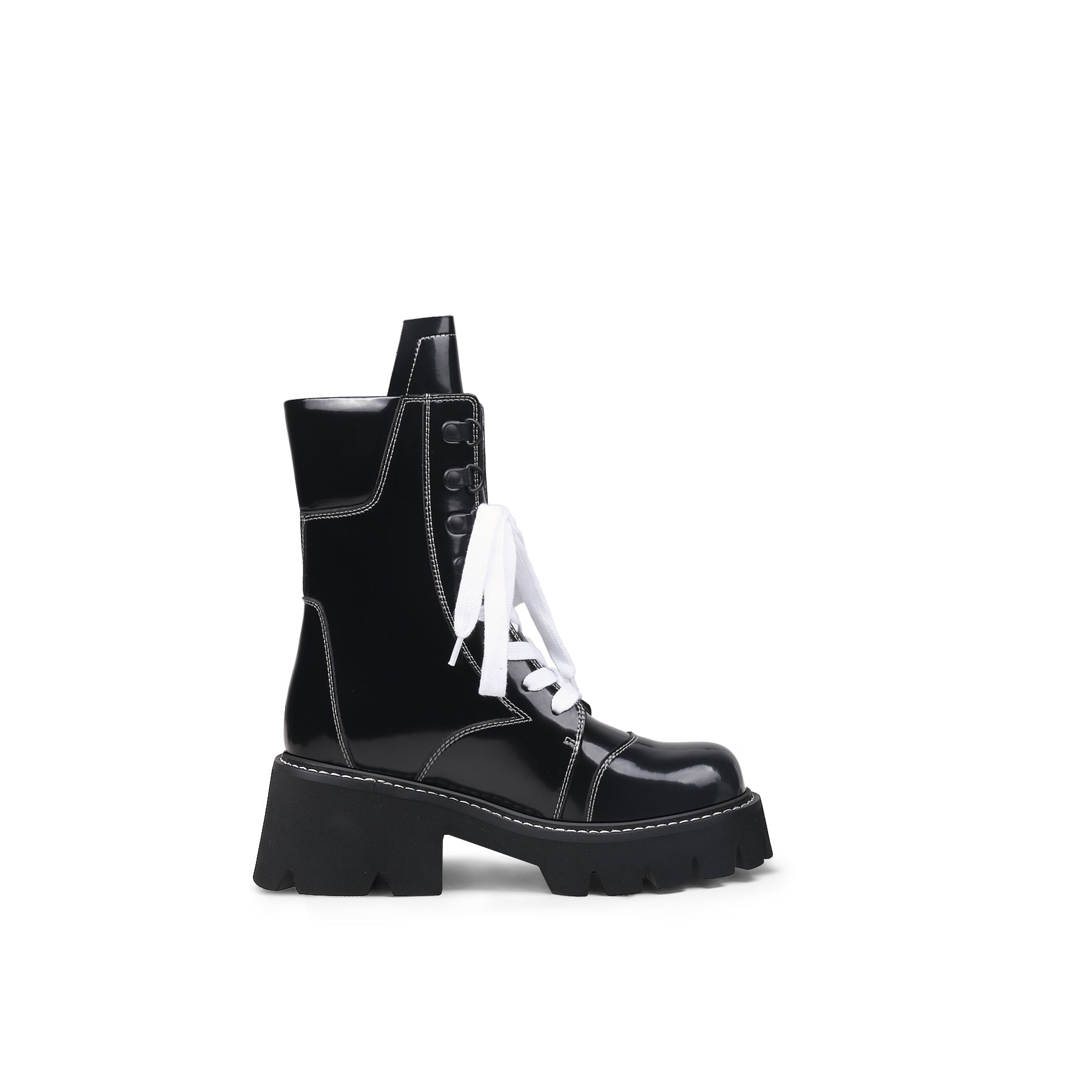 Stitched White Lace Up Black Combat Boots-2