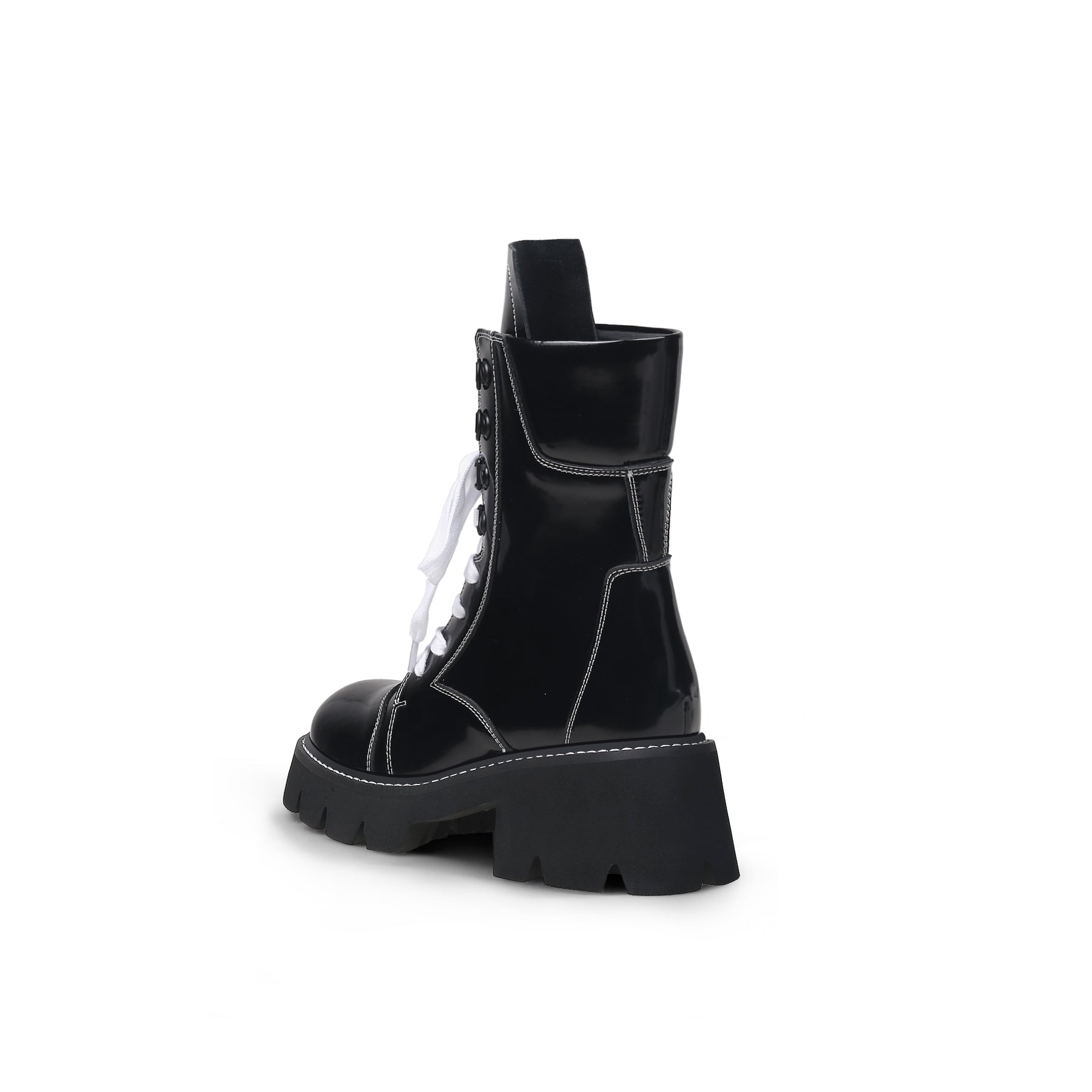 Stitched White Lace Up Black Combat Boots-3