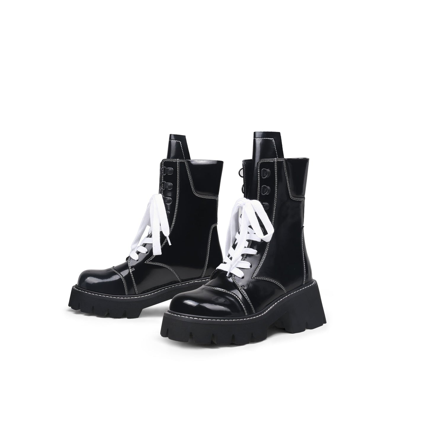 Stitched White Lace Up Black Combat Boots-4