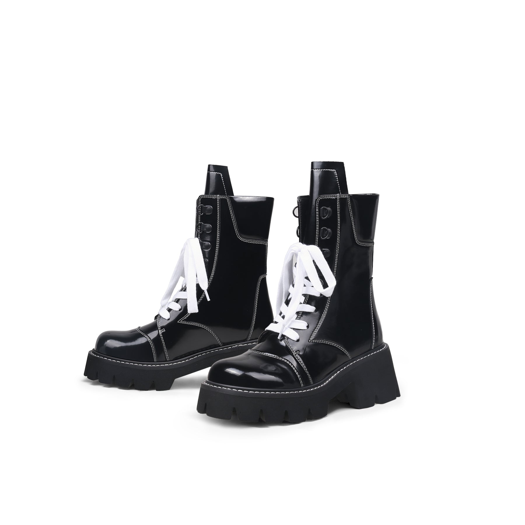 Stitched White Lace Up Black Combat Boots-4