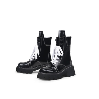 Stitched White Lace Up Black Combat Boots-4