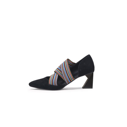Striped Ribbon-Trim Pointed Toe Pumps-0