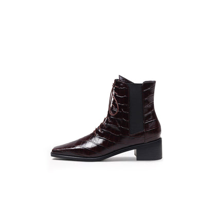 Textured Leather Lace Up Ankle Boots-5