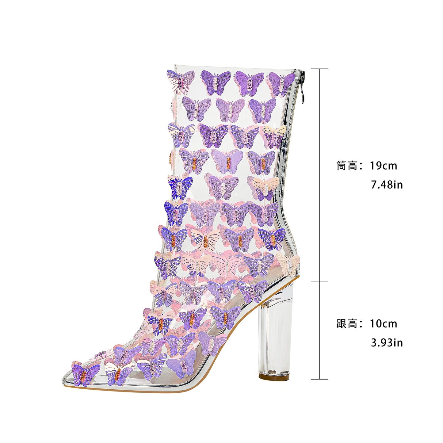 Transparent Chunky Heel Booties with Violet Butterflies-2