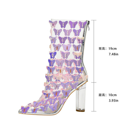 Transparent Chunky Heel Booties with Violet Butterflies-2