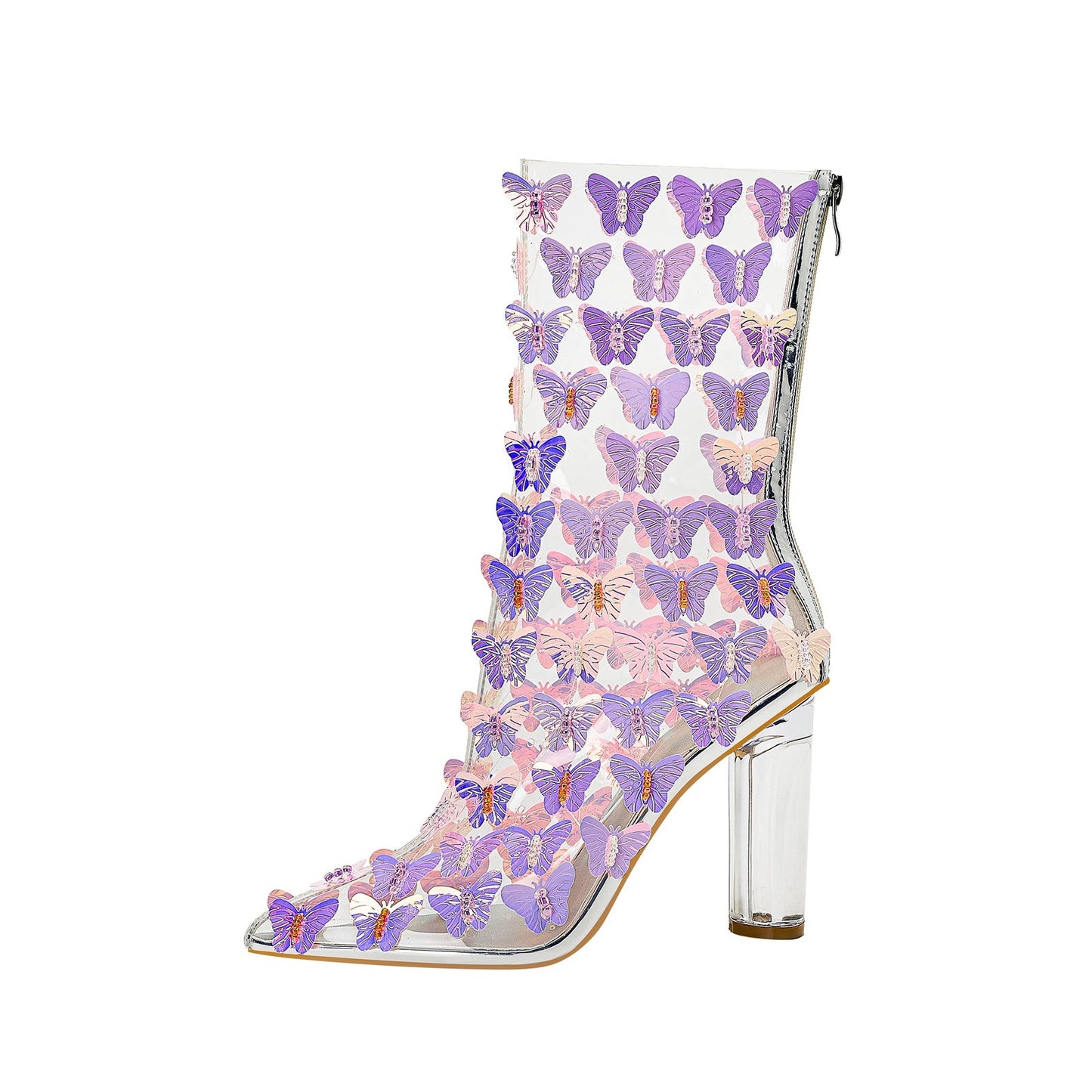 Transparent Chunky Heel Booties with Violet Butterflies-3