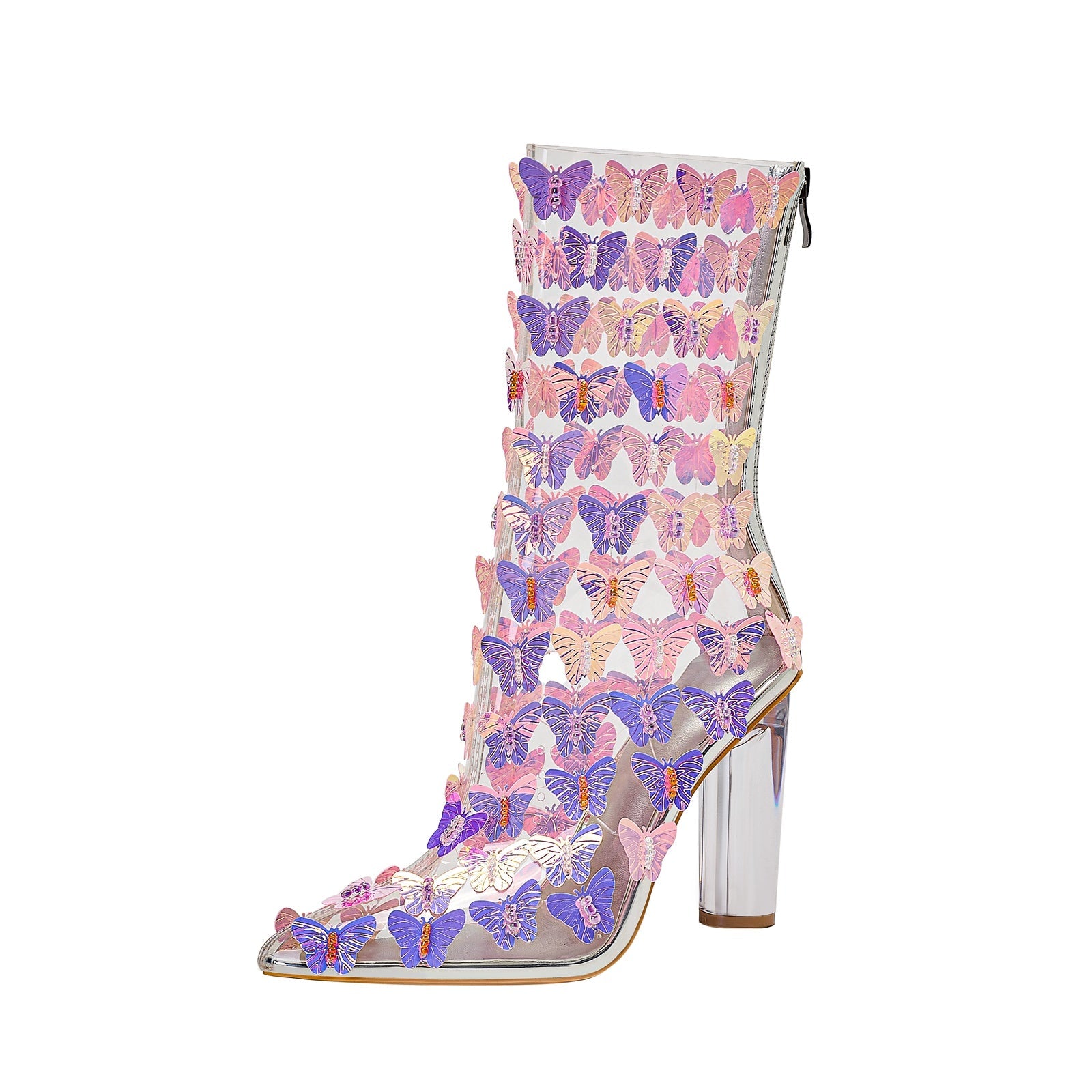 Transparent Chunky Heel Booties with Violet Butterflies-4