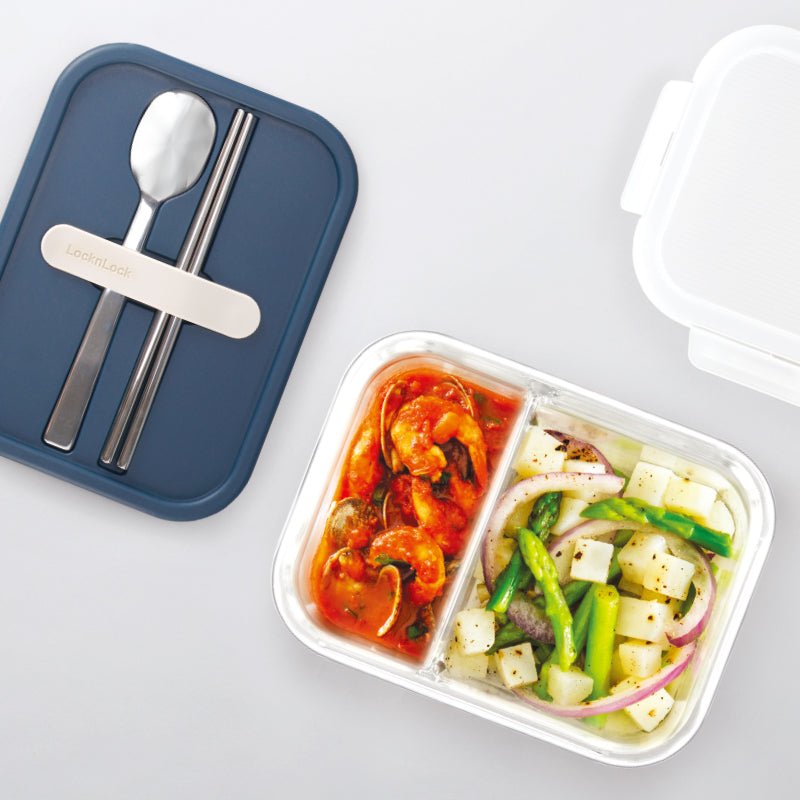 Two Compartment 930ml Microwave Oven Safe Navy Glass Lunch Box With Cutlery - Your Convenient and Durable Meal Companion-2