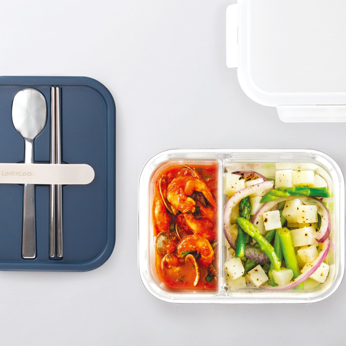 Two Compartment 930ml Microwave Oven Safe Navy Glass Lunch Box With Cutlery - Your Convenient and Durable Meal Companion-1