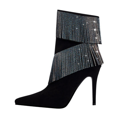 Waterfall Fringe Black Pointed Toe Stiletto Boots-0
