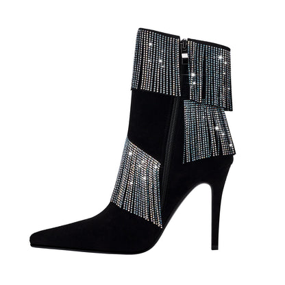 Waterfall Fringe Black Pointed Toe Stiletto Boots-2