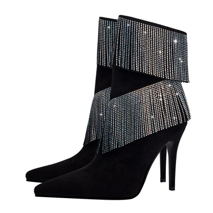 Waterfall Fringe Black Pointed Toe Stiletto Boots-4