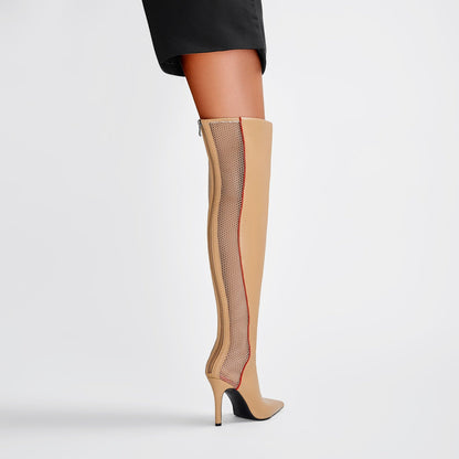 Wave Mesh Pointed Toe Leather Knee High Boots-1