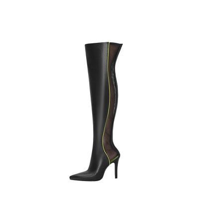 Wave Mesh Pointed Toe Leather Knee High Boots-5