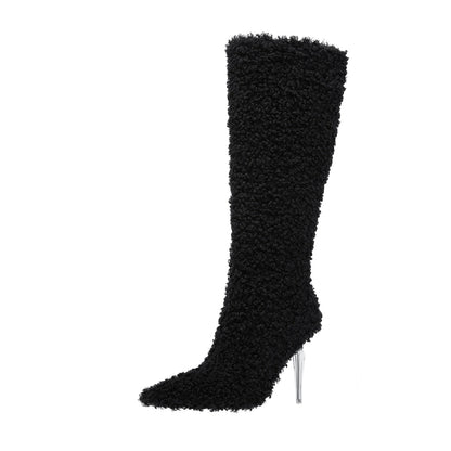 Wooly Pointed Toe Knee High Boots-1
