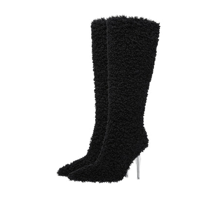 Wooly Pointed Toe Knee High Boots-2